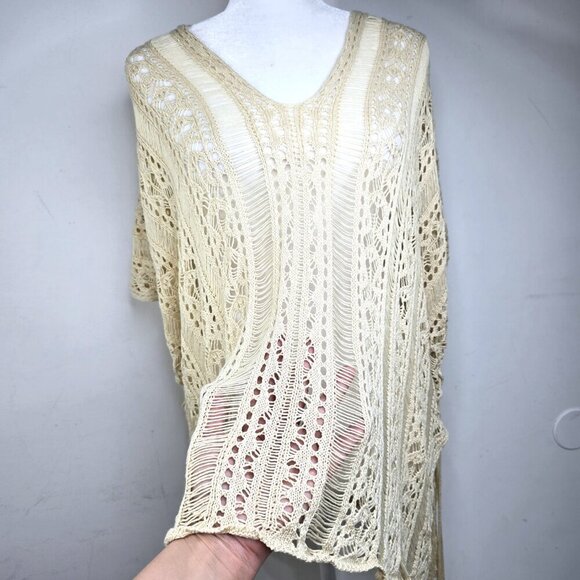 Women's Boho Canary Yellow Crochet Open Knit V Nech Poncho Swim Beach Cover - Picture 7 of 11